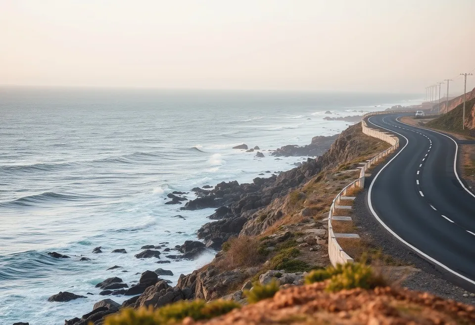 A coastal road running past grassland towards the sea on a windy afternoon