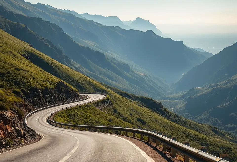 A two-lane tar road climbing through hills under a wide Eastern Cape sky